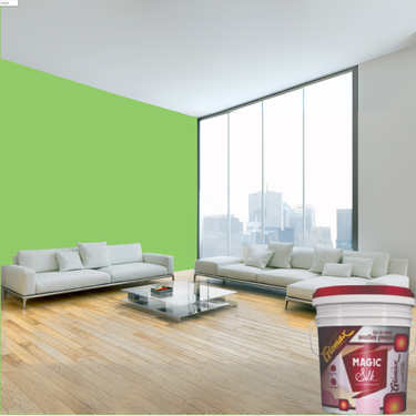 Magic Paints Silk Glomax Hi-Sheen Luxury Interior Emulsion delivers a smooth, elegant silky finish with excellent coverage, superior washability, long-lasting color retention, and durable protection for premium interior walls.
