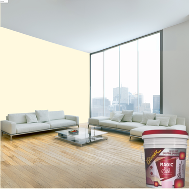 Magic Paints Silk Glomax Hi-Sheen Luxury Interior Emulsion delivers a smooth, elegant silky finish with excellent coverage, superior washability, long-lasting color retention, and durable protection for premium interior walls.