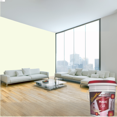 Magic Paints Silk Glomax Hi-Sheen Luxury Interior Emulsion delivers a smooth, elegant silky finish with excellent coverage, superior washability, long-lasting color retention, and durable protection for premium interior walls.