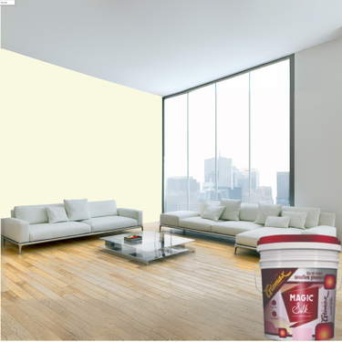 Magic Paints Silk Glomax Hi-Sheen Luxury Interior Emulsion delivers a smooth, elegant silky finish with excellent coverage, superior washability, long-lasting color retention, and durable protection for premium interior walls.
